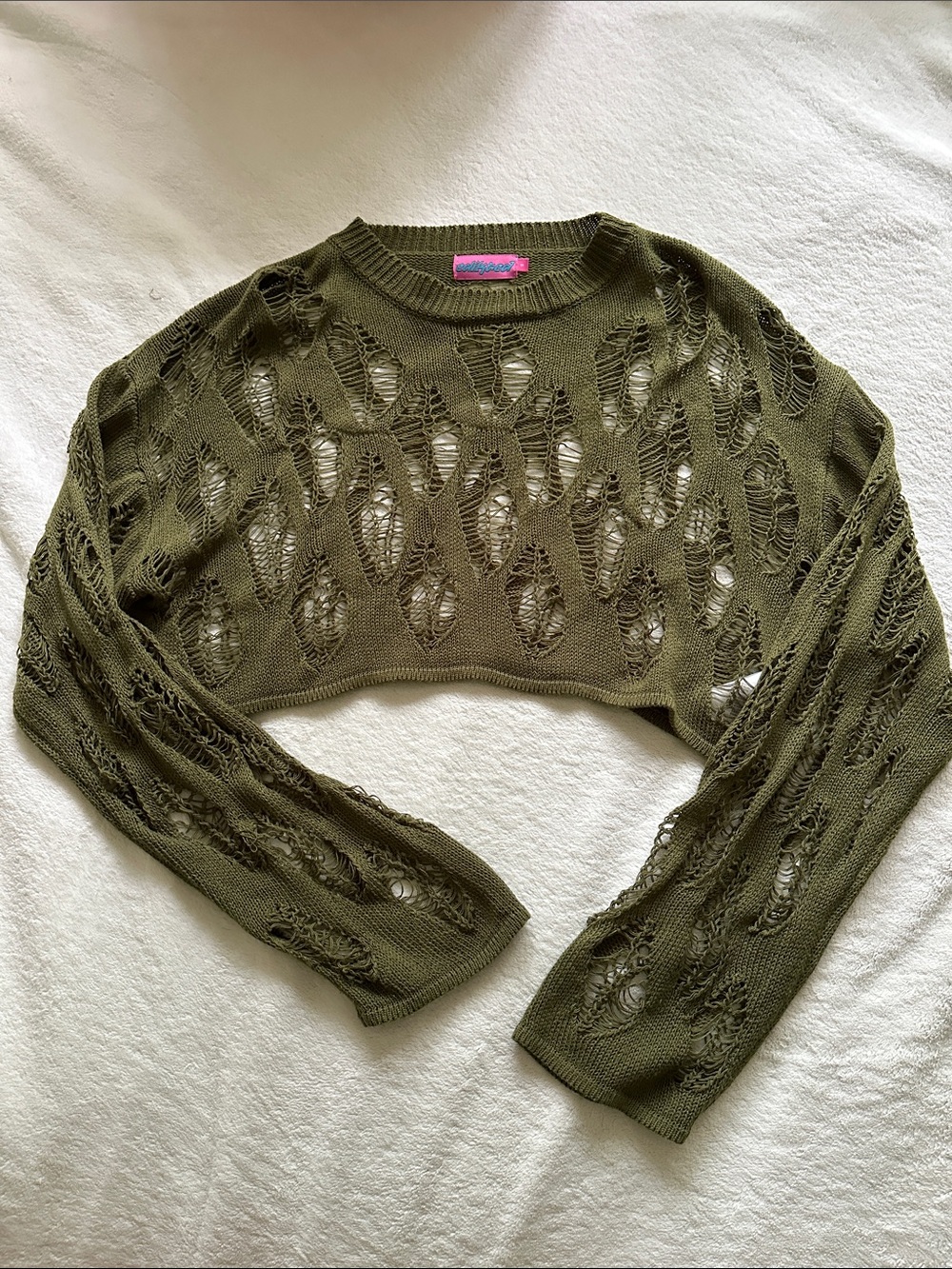 Edikted Olive Distressed Cropped Knit Sweater